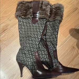Fendi Brown and Black Logo Heeled Boots